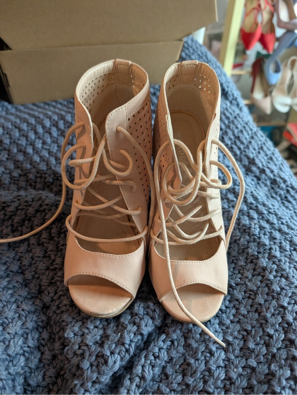 Wild Diva Lounge Pink Peep Toe Lace Up Wedge Booties Size 8